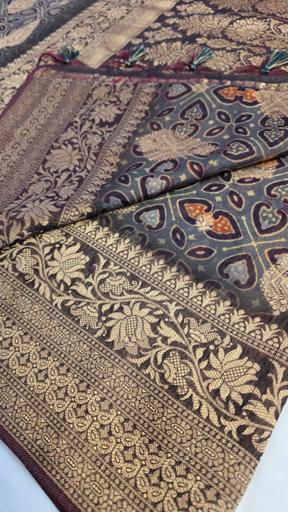 Grey Ajrakh pattern Banarasi Silk Saree