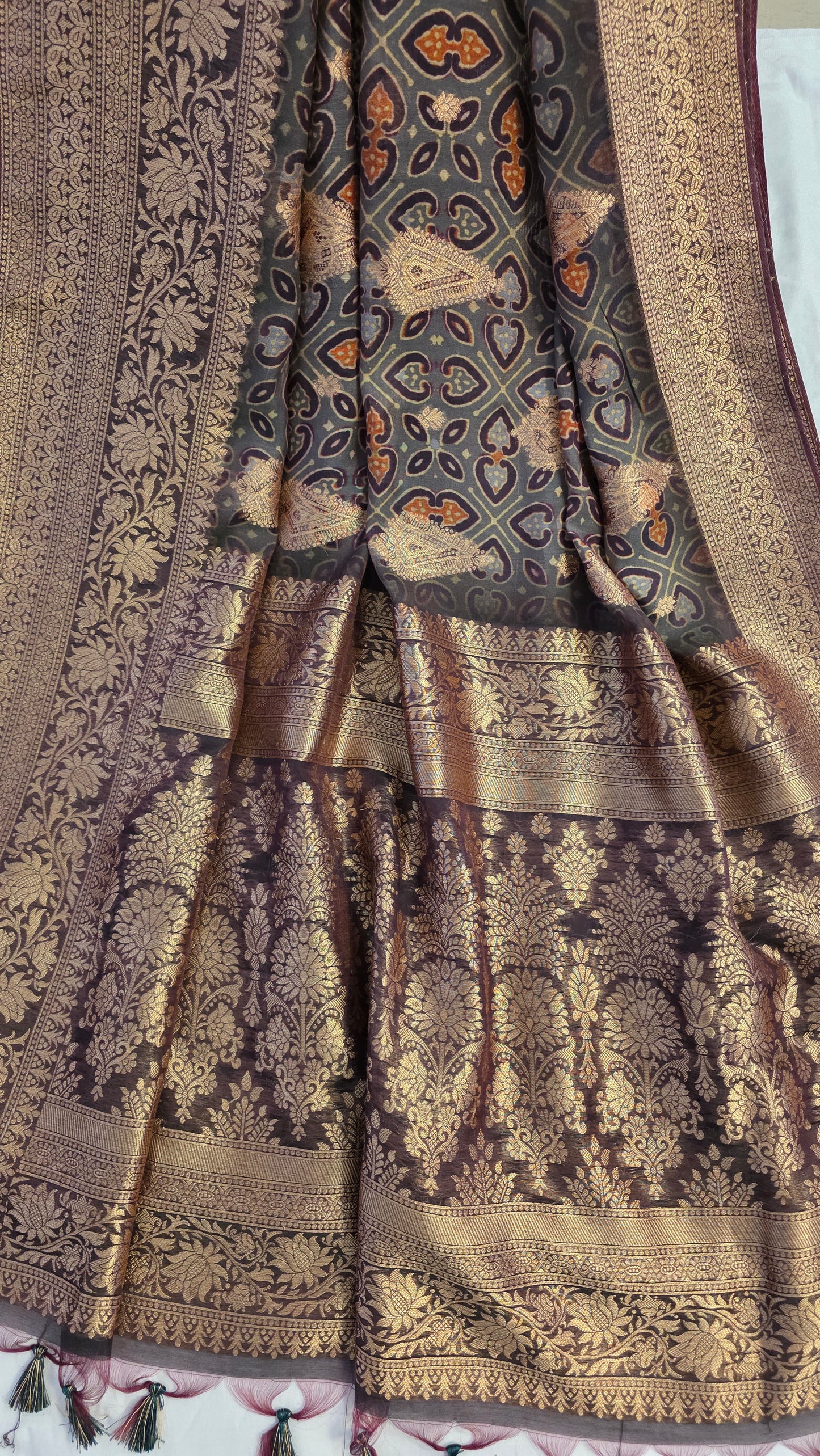 Grey Ajrakh pattern Banarasi Silk Saree