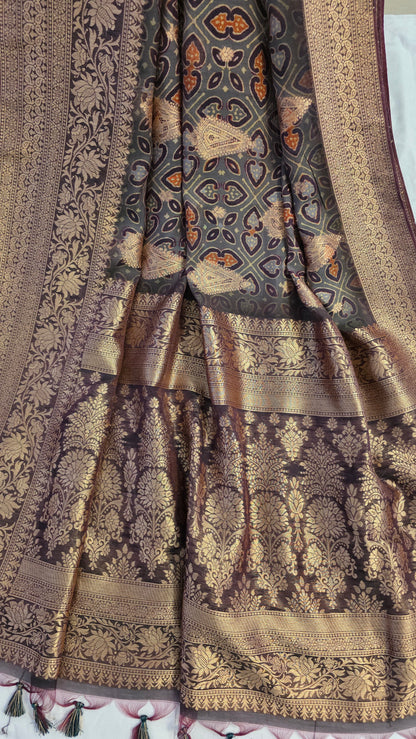 Grey Ajrakh pattern Banarasi Silk Saree