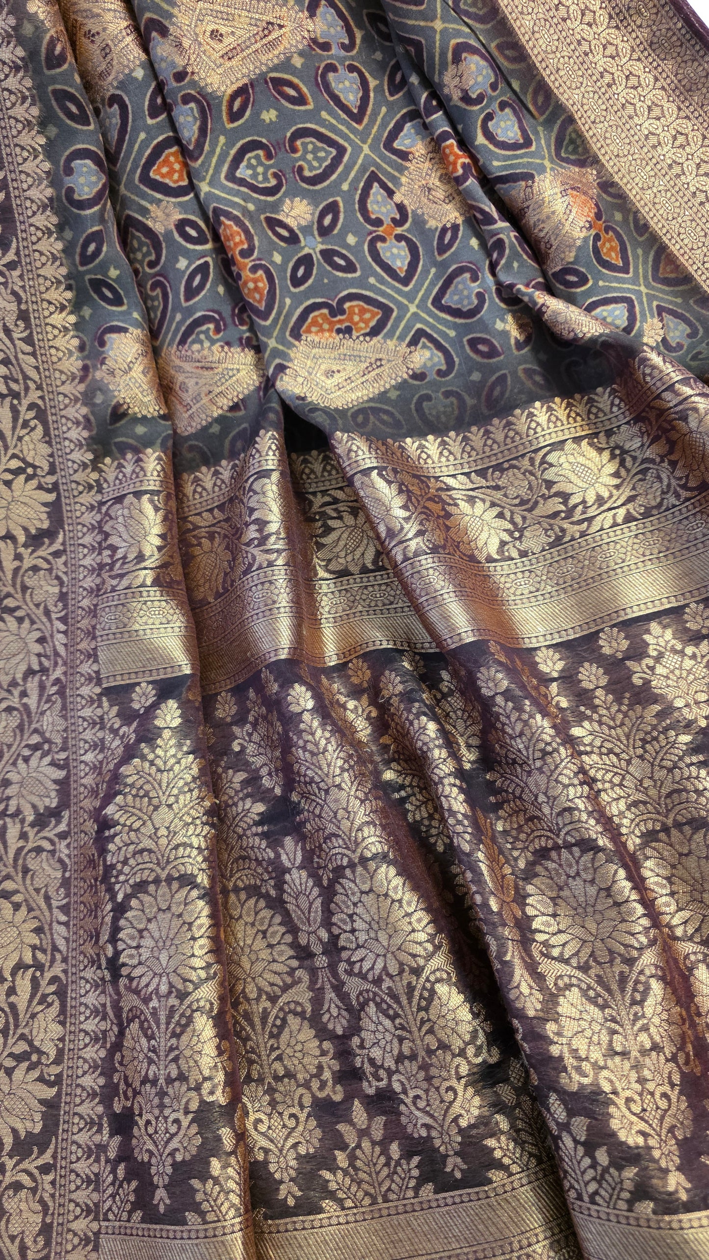 Grey Ajrakh pattern Banarasi Silk Saree