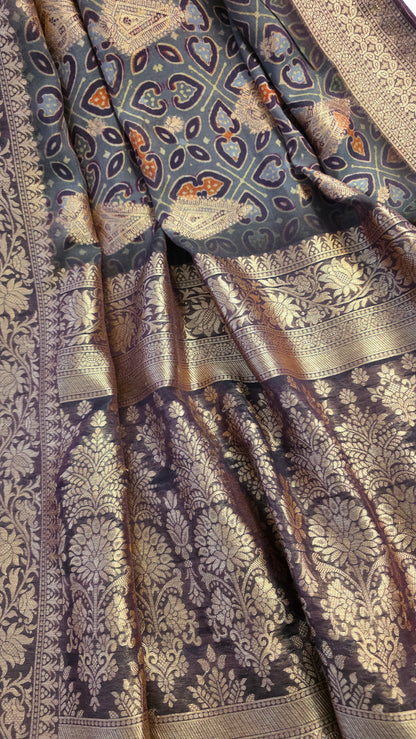 Grey Ajrakh pattern Banarasi Silk Saree