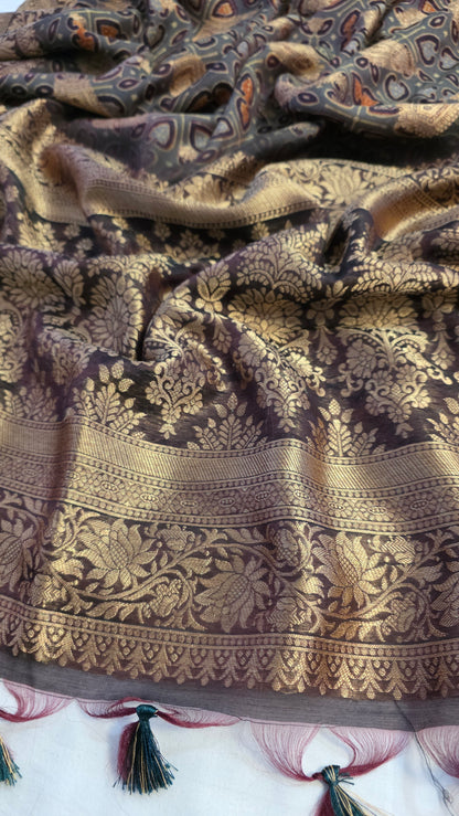 Grey Ajrakh pattern Banarasi Silk Saree