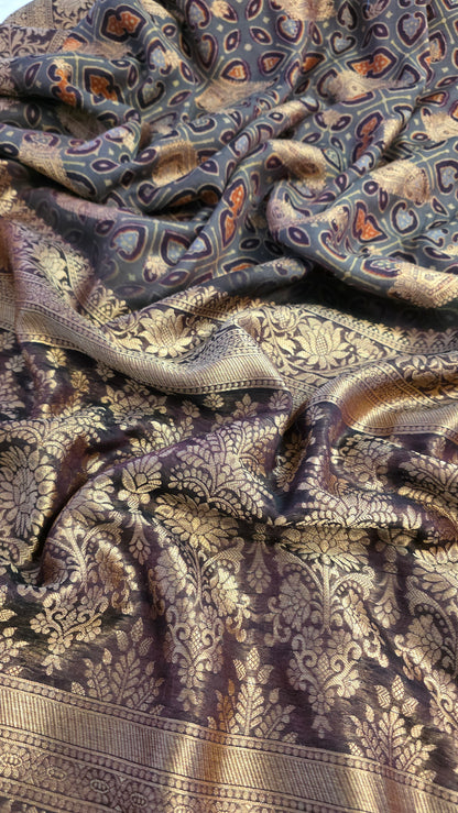 Grey Ajrakh pattern Banarasi Silk Saree