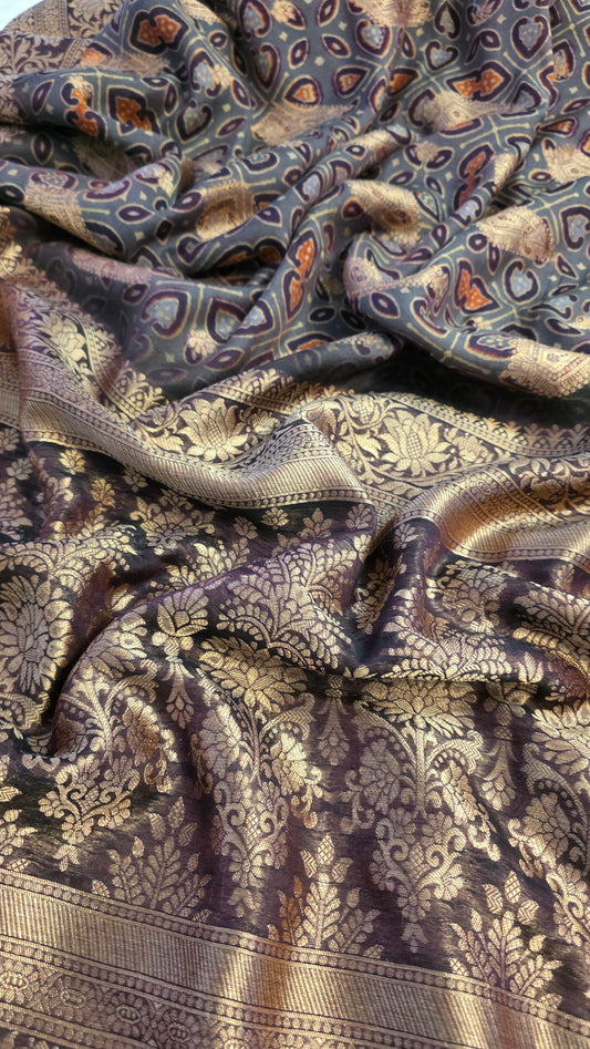 Grey Ajrakh pattern Banarasi Silk Saree