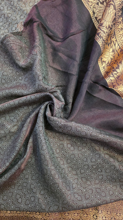 Grey Ajrakh pattern Banarasi Silk Saree