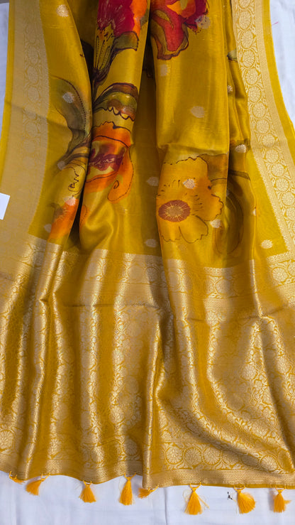 Yellow Tussar silk with Banarasi Pallu