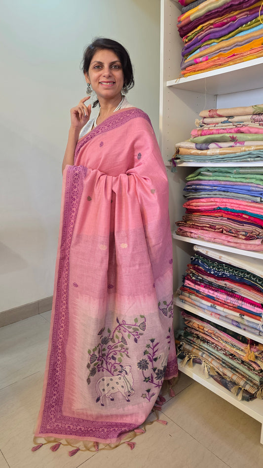 Pink Pichwai Munga Silk Jamdani
