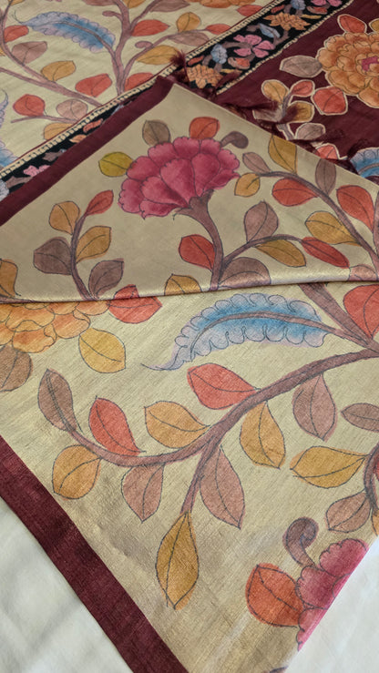 Ivory / Wine Tussar silk Kalamkari design Saree