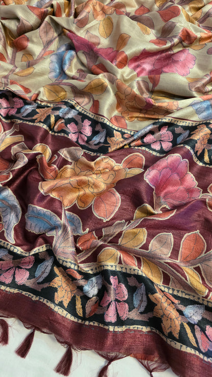 Ivory / Wine Tussar silk Kalamkari design Saree