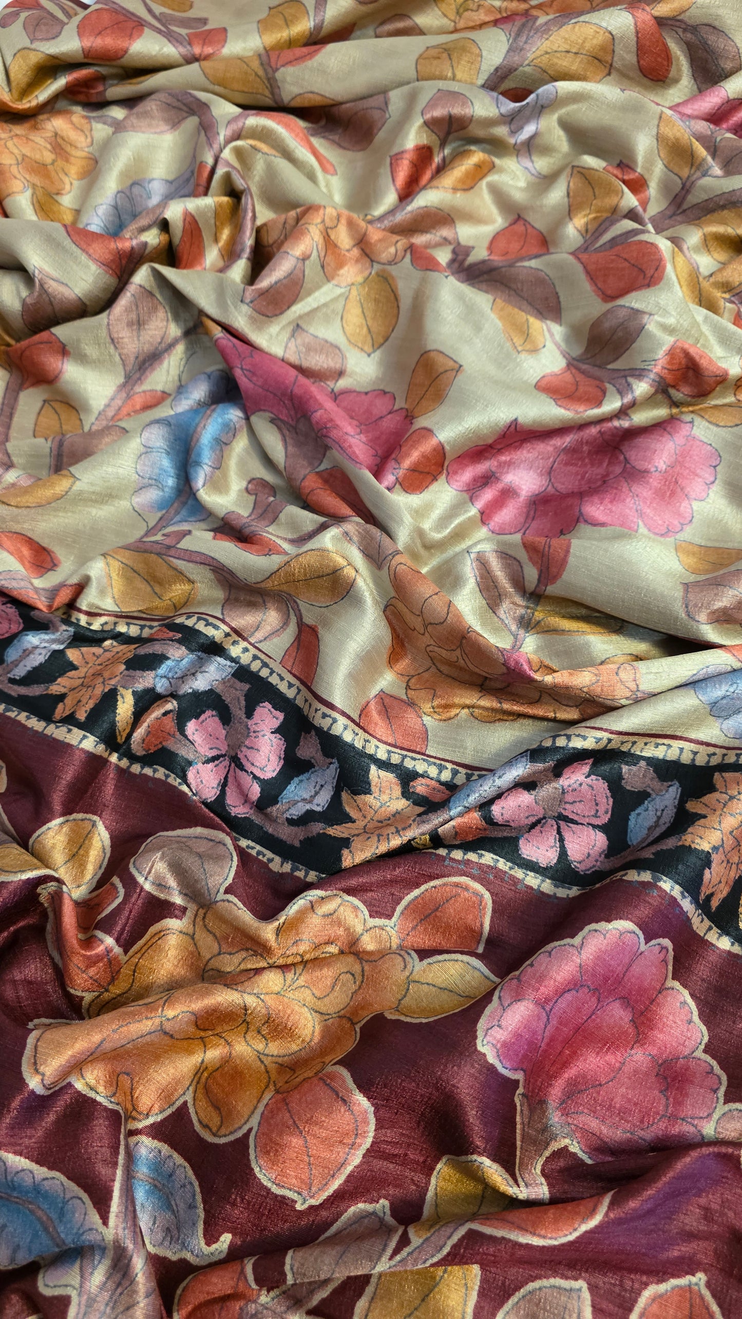 Ivory / Wine Tussar silk Kalamkari design Saree