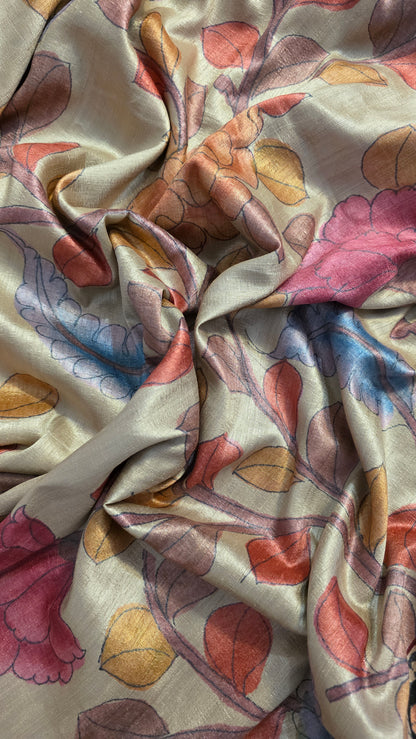 Ivory / Wine Tussar silk Kalamkari design Saree