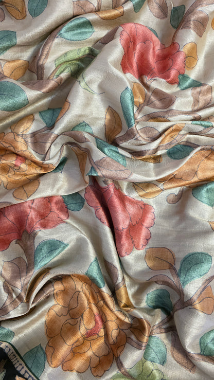 Ivory / green Tussar silk Kalamkari design Saree