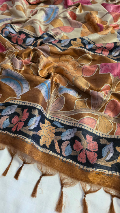 Ivory / brown Tussar silk Kalamkari design Saree