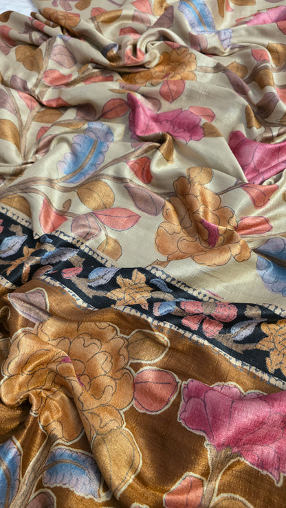 Ivory / brown Tussar silk Kalamkari design Saree