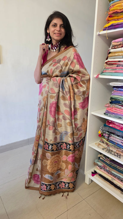 Ivory / brown Tussar silk Kalamkari design Saree