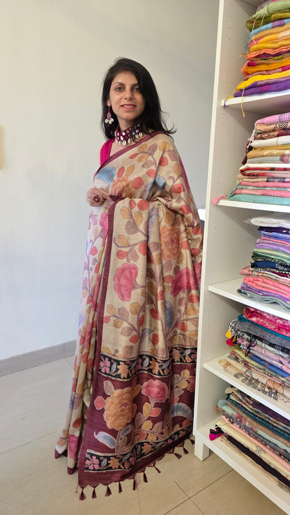 Ivory / Wine Tussar silk Kalamkari design Saree