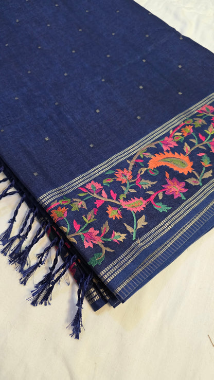 Blue  Tussar kashmiri thread work Saree