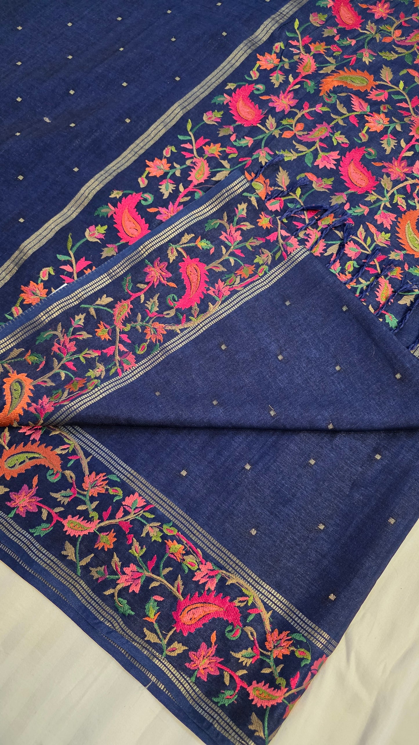 Blue  Tussar kashmiri thread work Saree