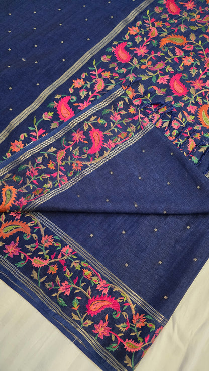 Blue  Tussar kashmiri thread work Saree