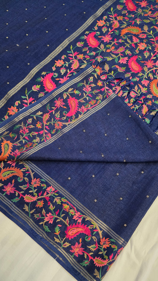 Blue  Tussar kashmiri thread work Saree