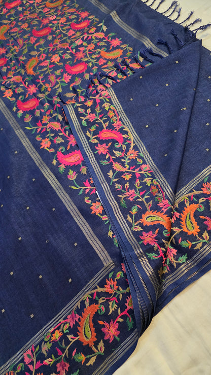 Blue  Tussar kashmiri thread work Saree