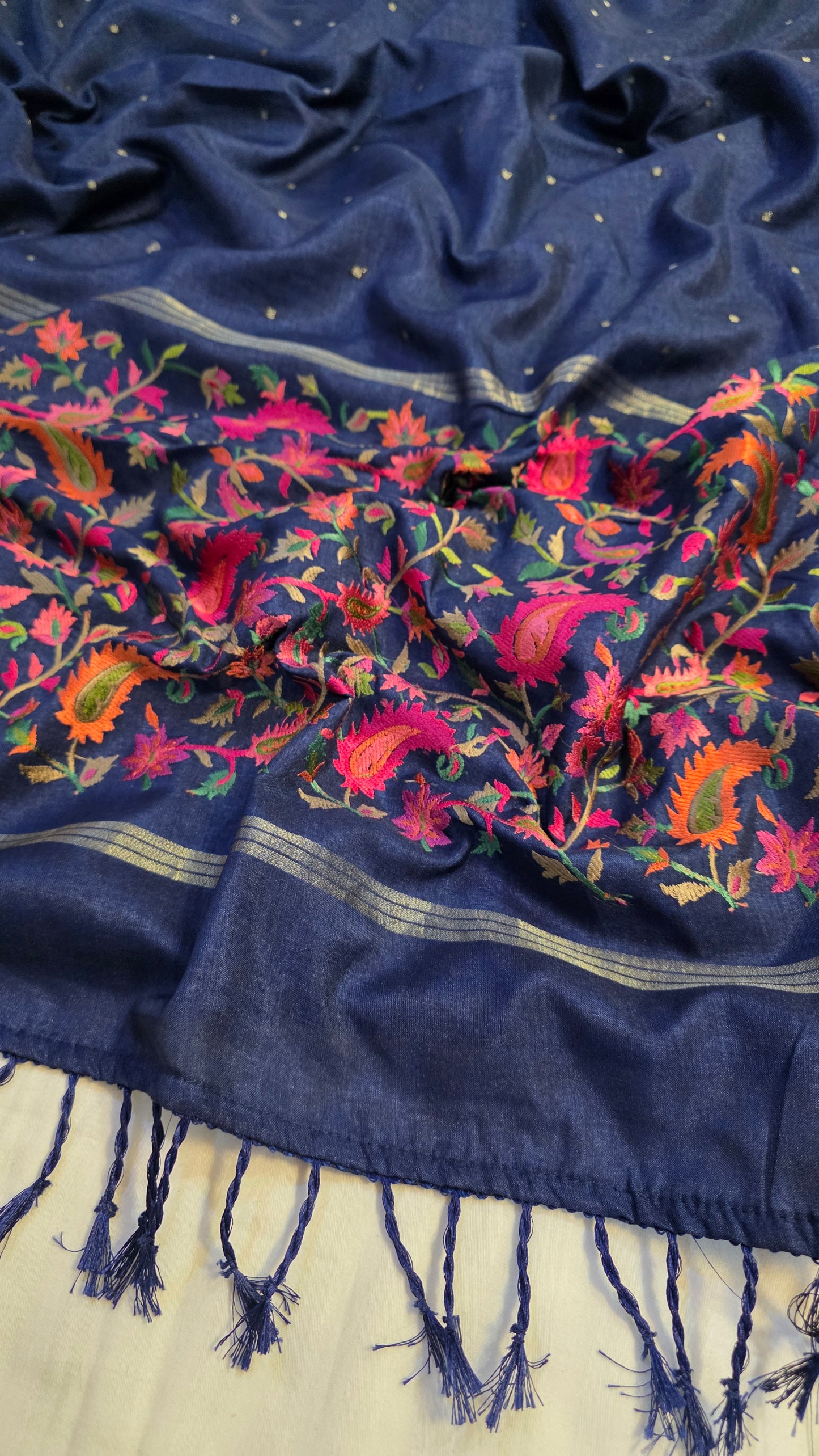 Blue  Tussar kashmiri thread work Saree