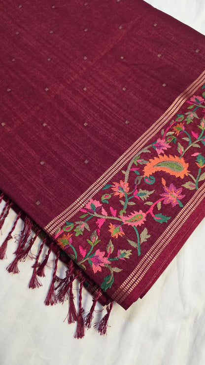 Rust Tussar kashmiri thread work Saree