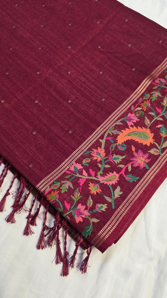 Rust Tussar kashmiri thread work Saree
