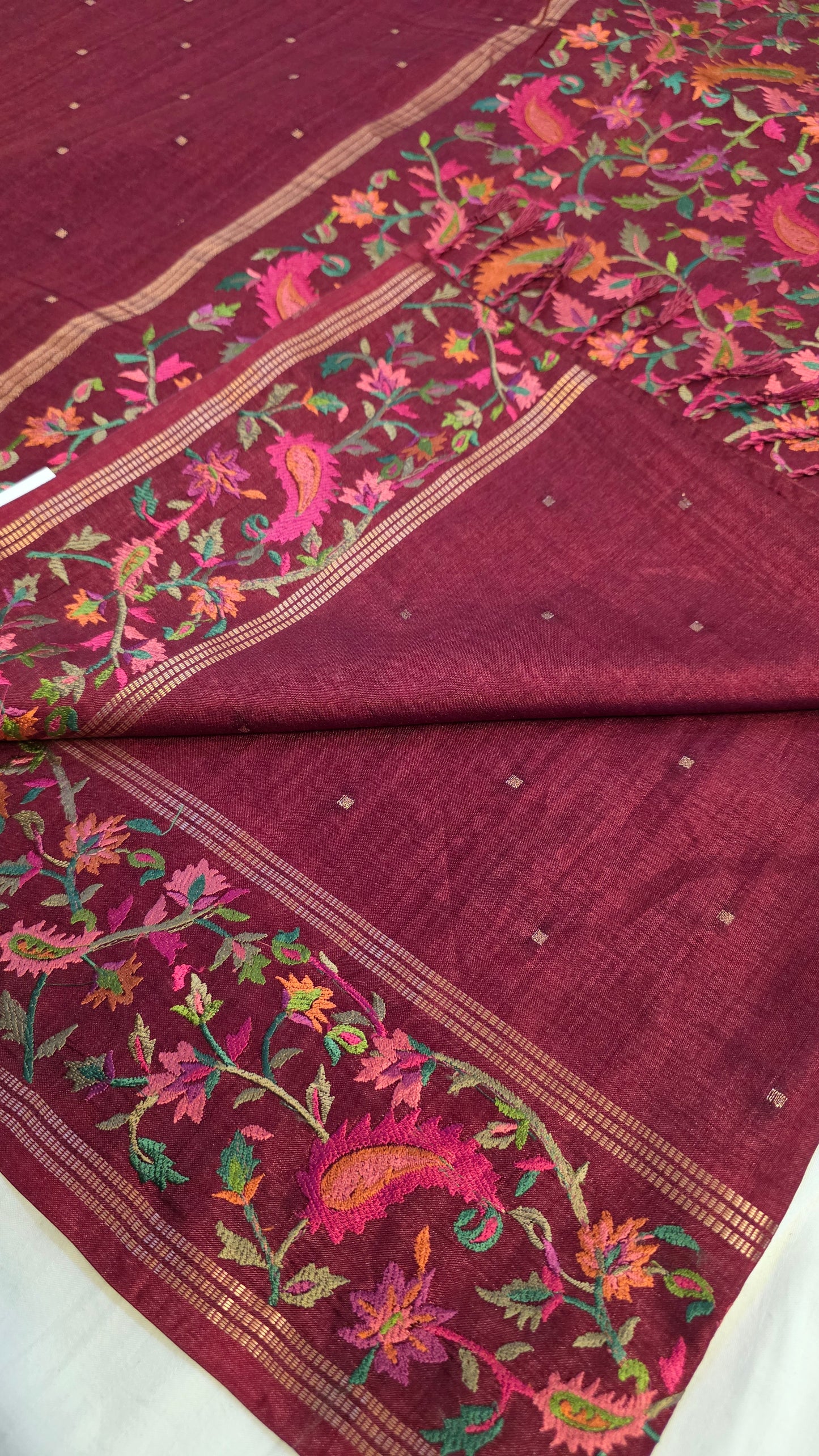 Rust Tussar kashmiri thread work Saree