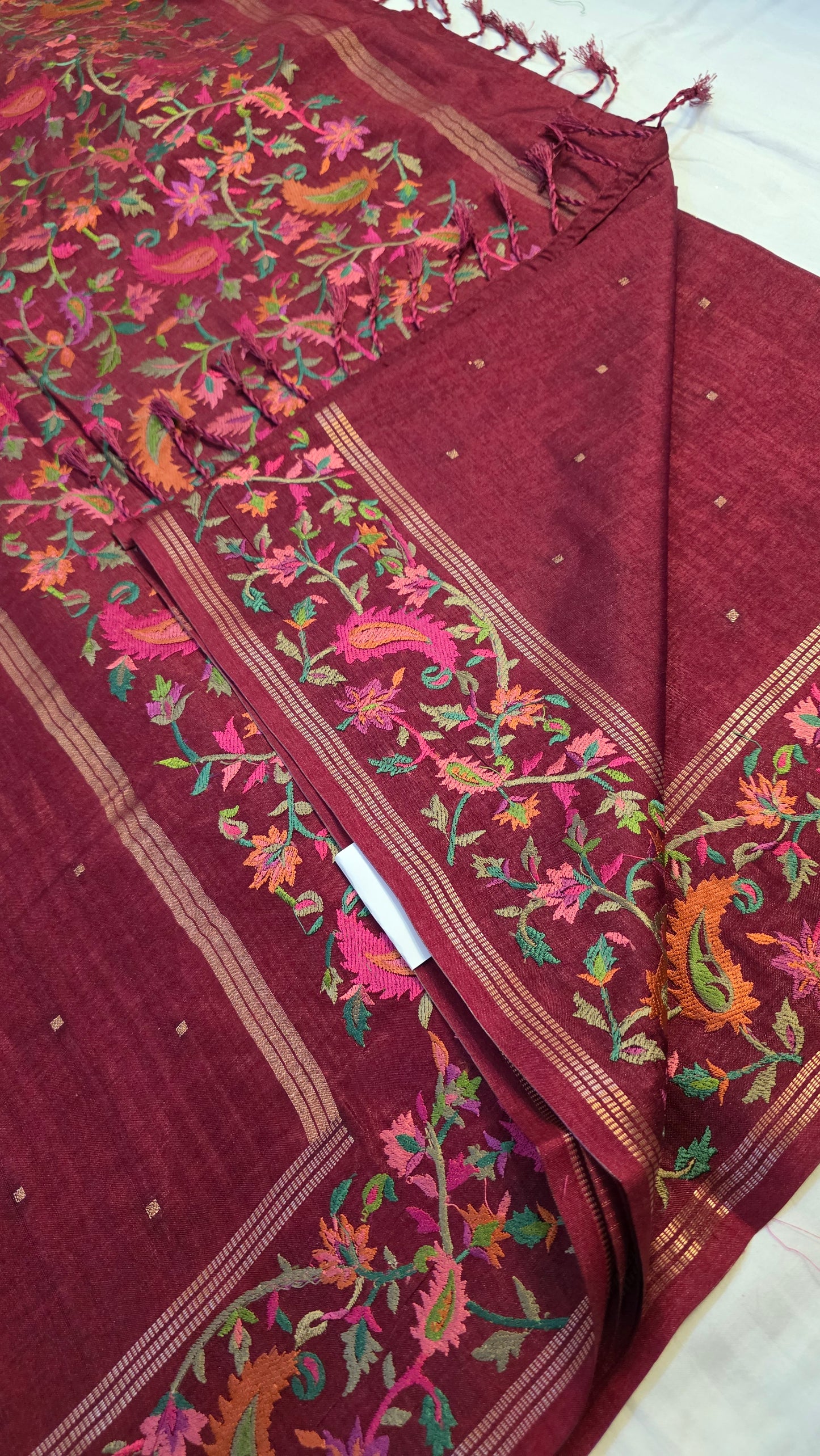 Rust Tussar kashmiri thread work Saree