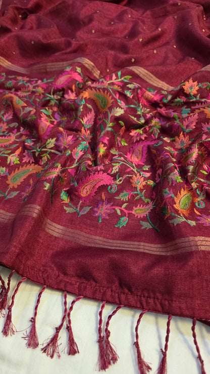 Rust Tussar kashmiri thread work Saree