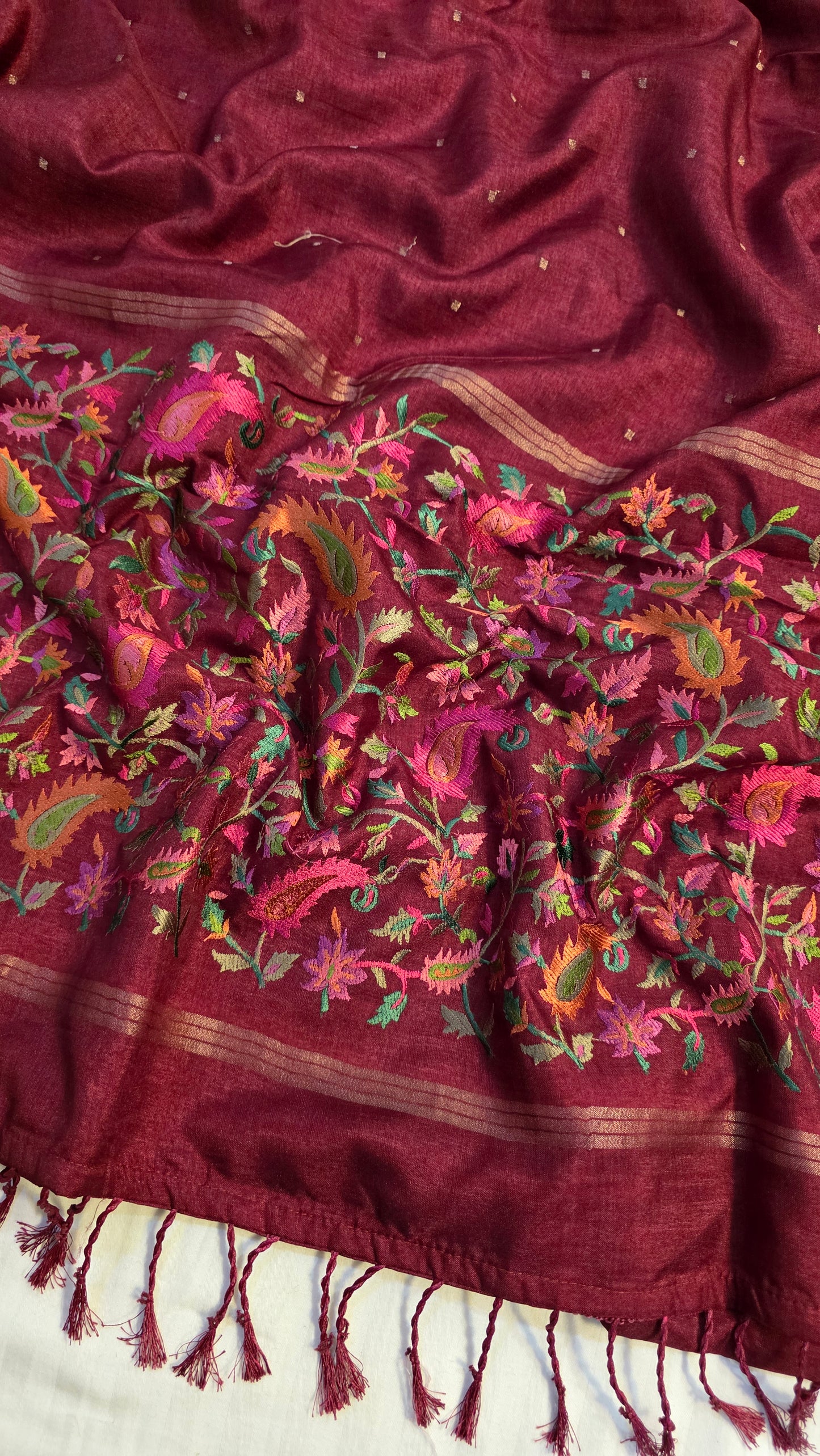 Rust Tussar kashmiri thread work Saree