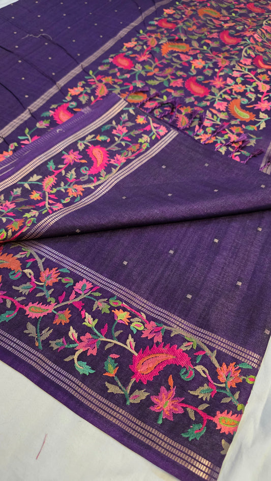 Purple  Tussar kashmiri thread work Saree