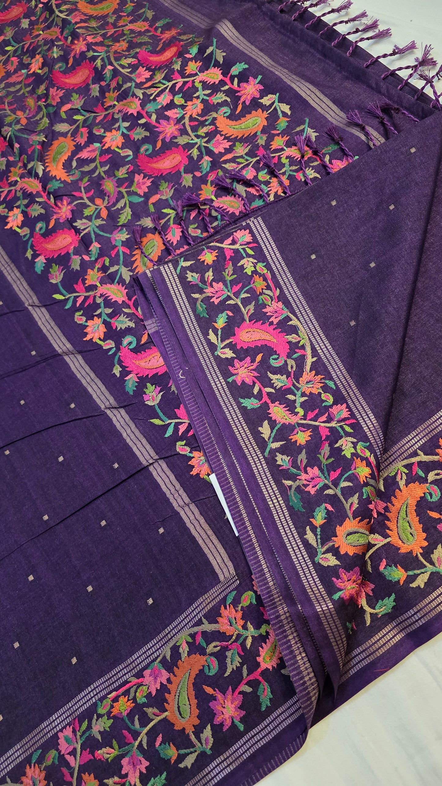 Purple  Tussar kashmiri thread work Saree