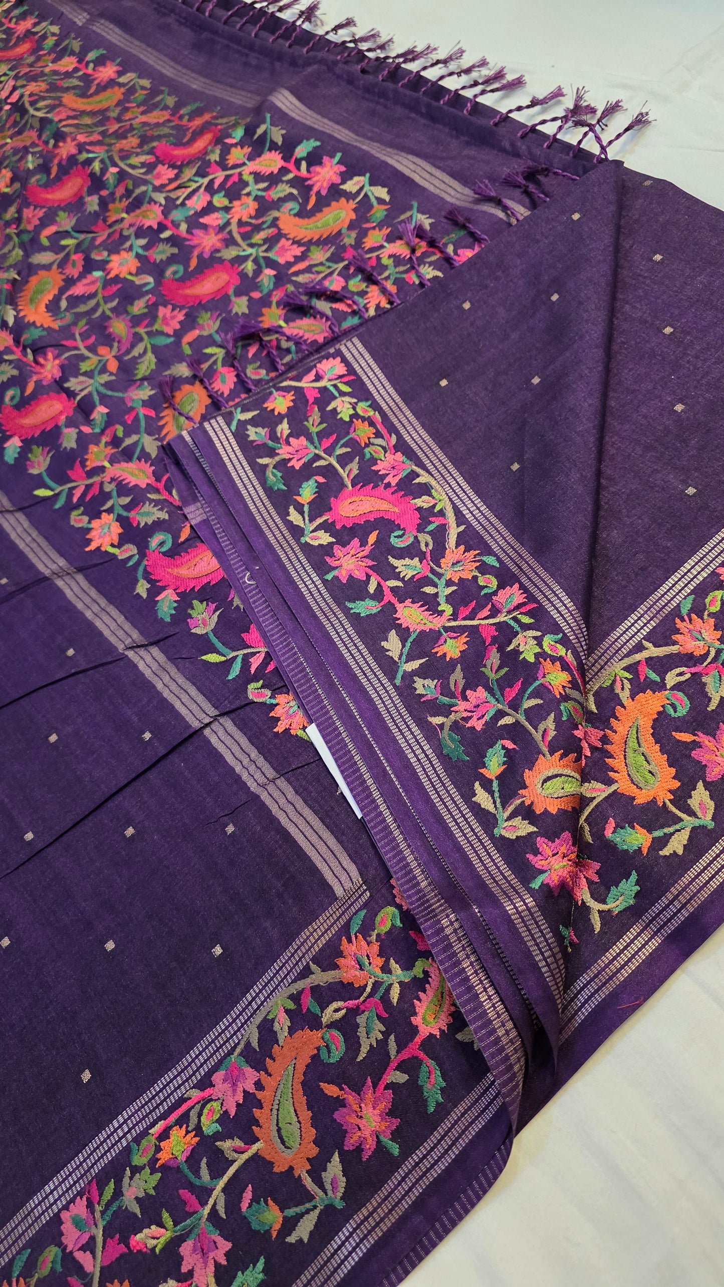 Purple  Tussar kashmiri thread work Saree