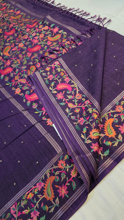 Purple  Tussar kashmiri thread work Saree