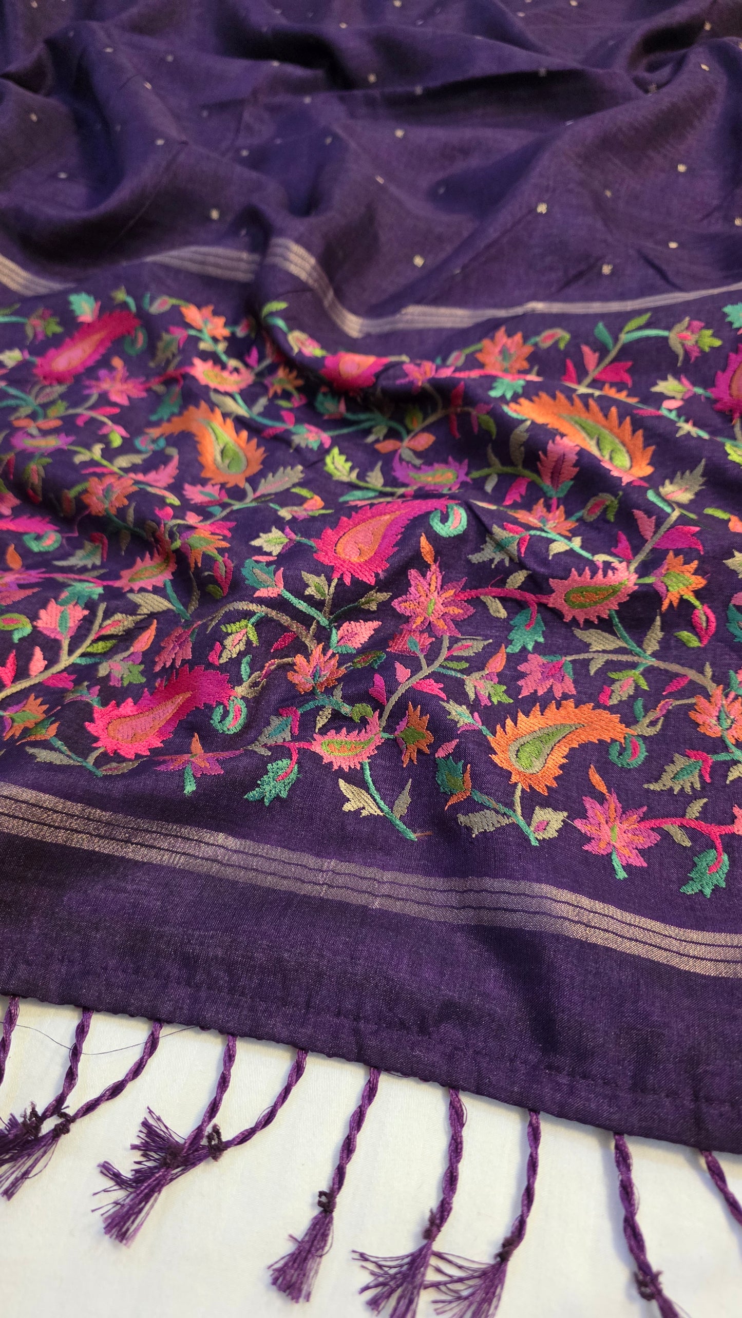 Purple  Tussar kashmiri thread work Saree
