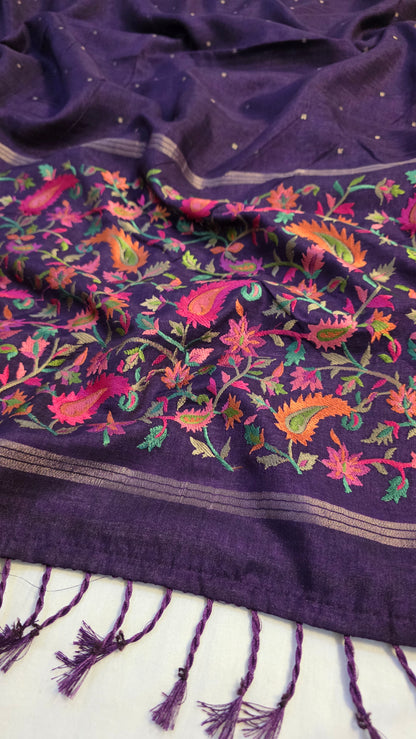Purple  Tussar kashmiri thread work Saree