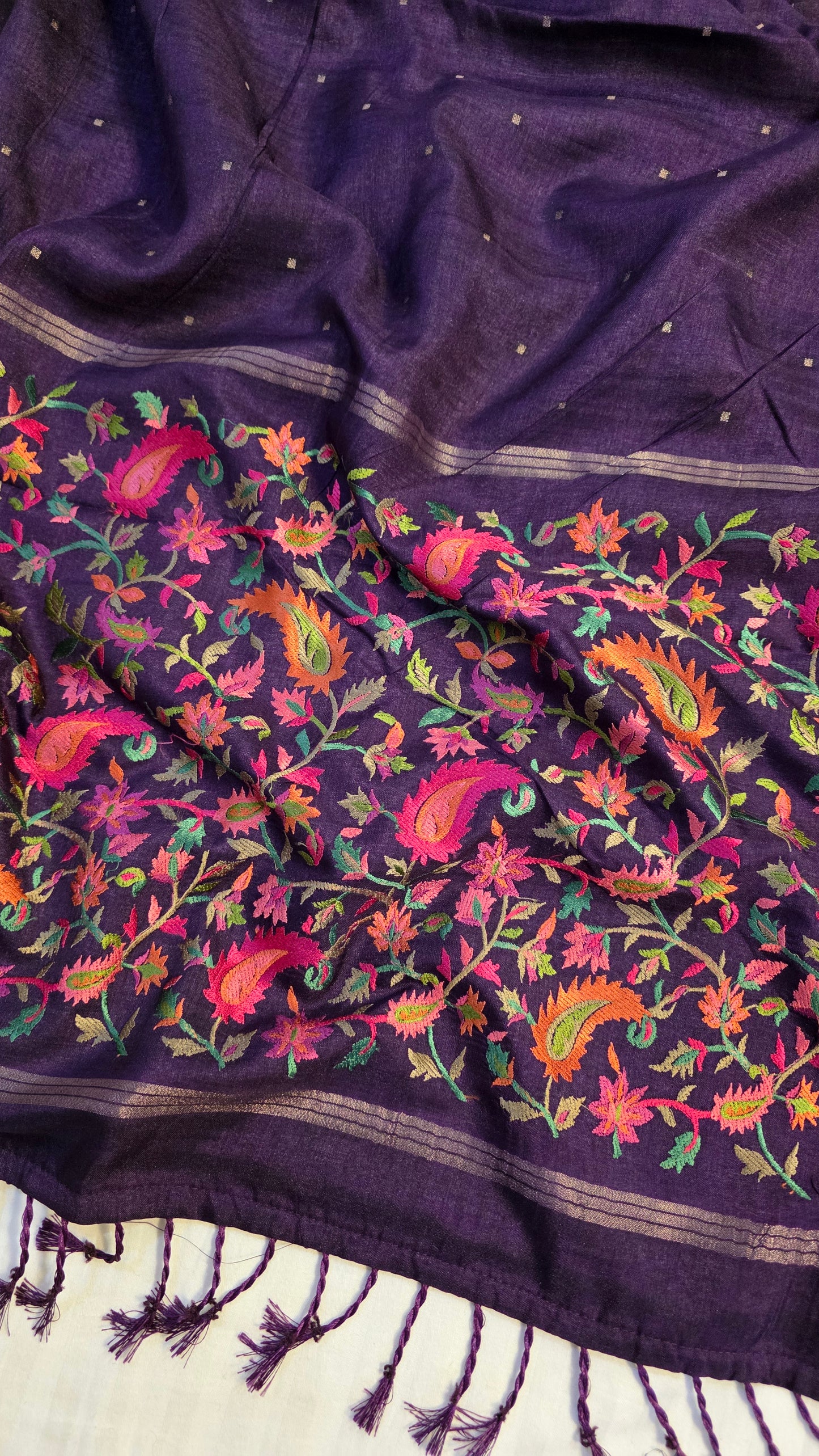 Purple  Tussar kashmiri thread work Saree