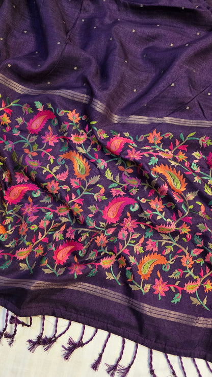 Purple  Tussar kashmiri thread work Saree