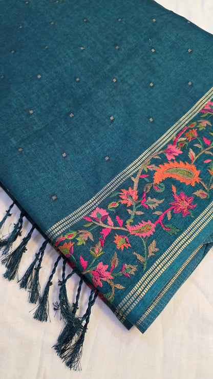 Teal green Tussar kashmiri thread work Saree