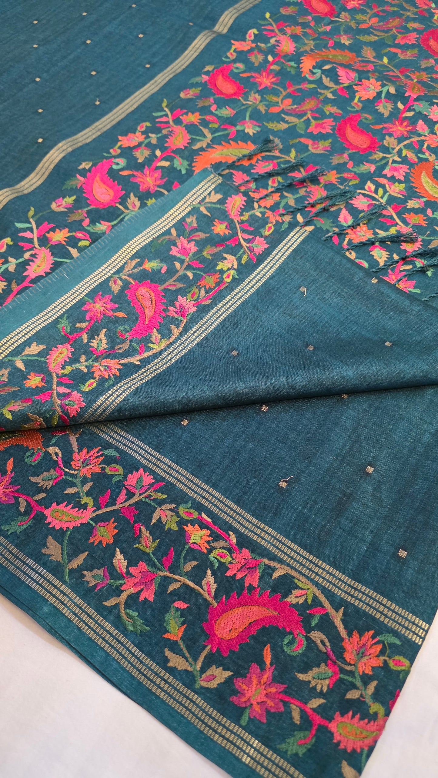 Teal green Tussar kashmiri thread work Saree