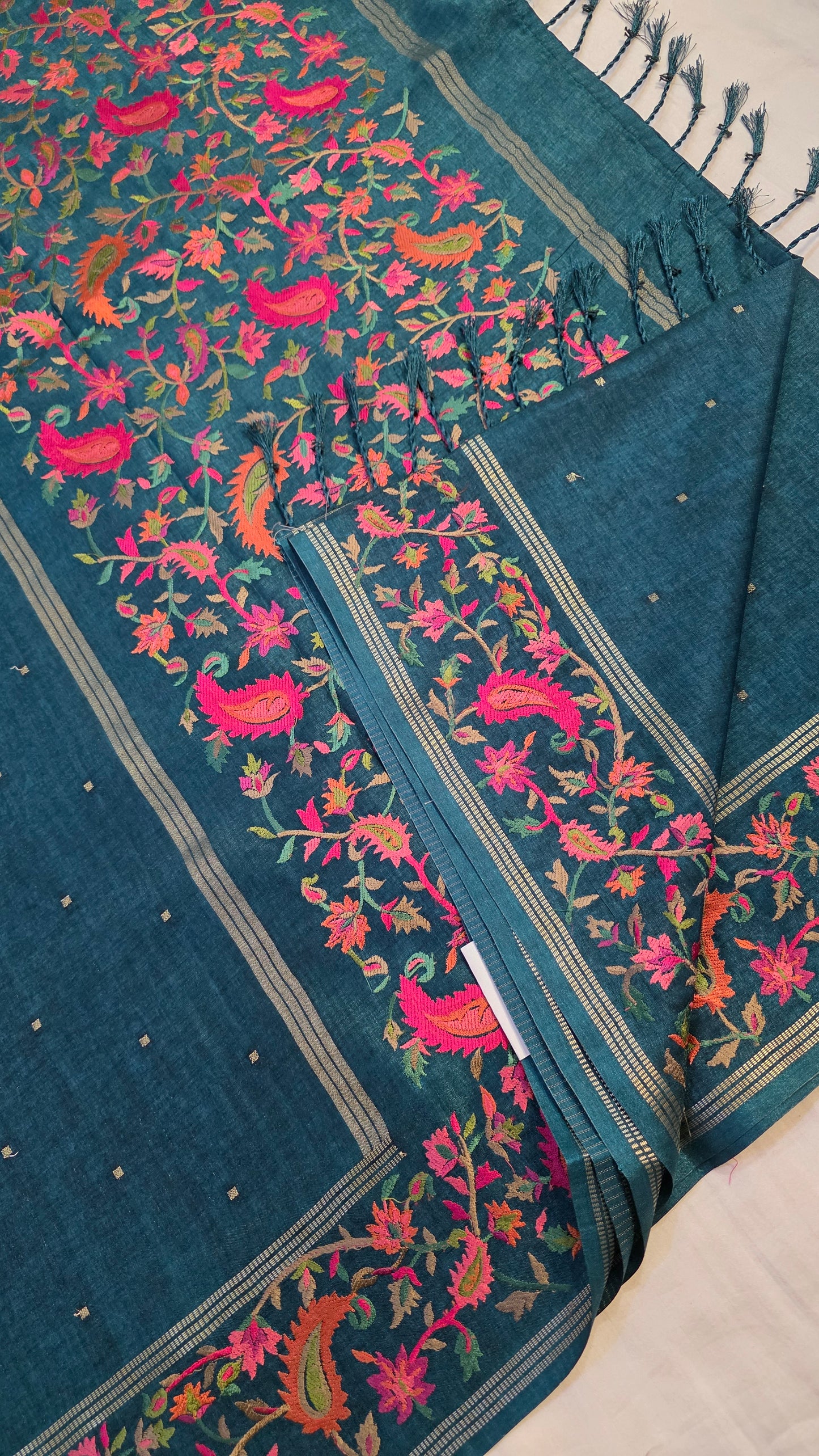 Teal green Tussar kashmiri thread work Saree