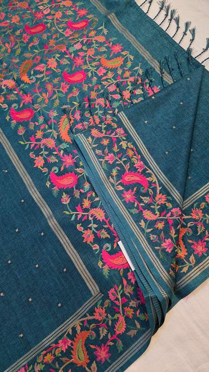 Teal green Tussar kashmiri thread work Saree