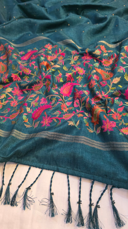 Teal green Tussar kashmiri thread work Saree