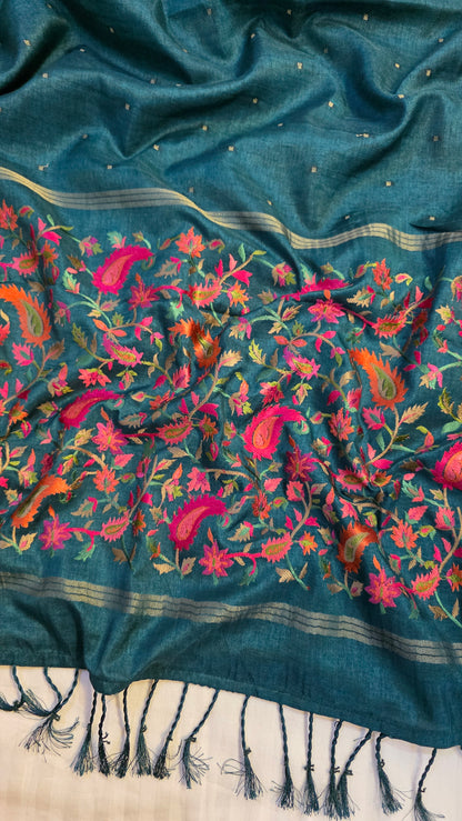 Teal green Tussar kashmiri thread work Saree