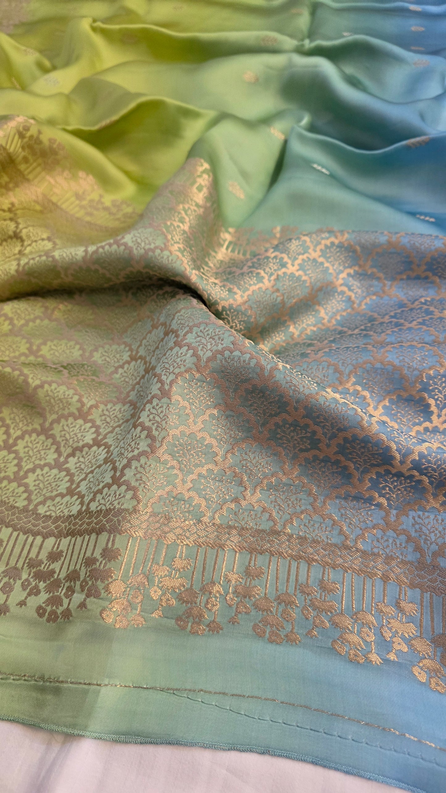 Shaded Blue/ Green Satin Silk Saree
