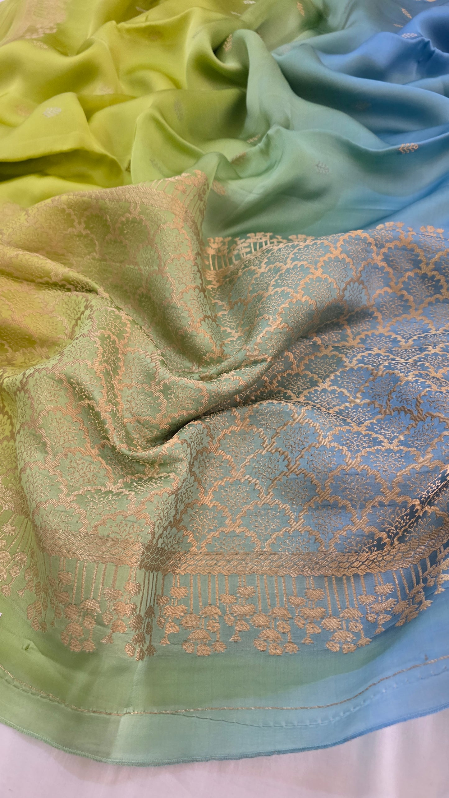 Shaded Blue/ Green Satin Silk Saree