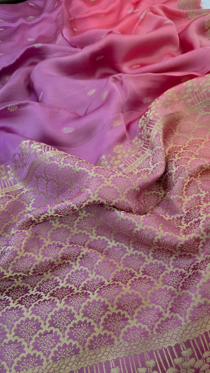 Shaded pink/ Lavender Satin Silk Saree