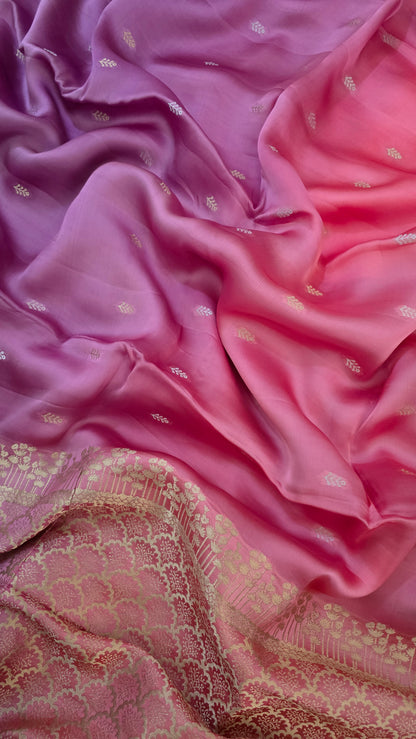 Shaded pink/ Lavender Satin Silk Saree